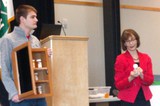 Theresa Ferrari and Riley Evans with their prototype medicine cabinet