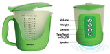 Side view of measuring cup and rear view showing controls to operate speech features.