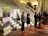 Abbie Spackman speaking at the PA state capitol building