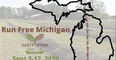 Picture of an outline map of Michigan with shoe prints running from north to south and a caption reading Run Free Michigan Farmer Veteran Coalition