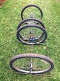 Picture of 2 BiCrawlers which are each composed of 2 bicycle tires with a low-slung rebar frame between them on green grass