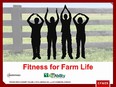 Poster of a gray flat board rail fence in a pasture with the black silhouettes of 4 people doing stretching exercises in front of it and the words - Fitness for Farm Life in red print at the bottom along with the Ohio AgrAbility logo