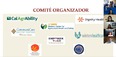 Photo of 7 people in a Zoom meeting on the right and in the center the words COMITE ORGANIZADOR in Spanish and below that the logos of 8 organizations.
