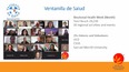 Photo with Ventanilla de Salud printed at the top and a screenshot of about 24 people in a Zoom meeting in the center-left of the picture with a pumpkin-orange bar at the bottom saying Health Education Council