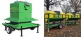 2-picture collage of solar-powered automatic feeders with yellow bins and green frames - on wheels.