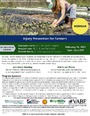 Injury Prevention for Farmers webinar flyer with picture of female in blue jeans kneeling in garden row with printed information underneath the picture.