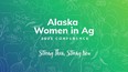 Graphic with blue backgroung on the left fading to green on the right with faded white outlines of ag products covering it and words Alaska Women in Ag 2021 Conference Strong Then - Strong Now