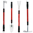 Picture of 4 telescoping garden tools with red and black handles - a shovel - 2 rakes - and a hoe.