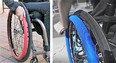 2 pictures of the right-hand main wheels of 2 wheelchairs with hand-grip covers on the rim - one red and the other blue.