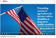 Pic of an American flag against a bright blue sky and the words in white - Promoting success in agriculture for farmers with a disability or long-term health condition - AgrAbility PA