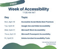 White poster with green designs and black printing advertising WEEK OF ACCESSIBILITY webinars in Alaska