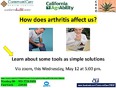Zoom slide with 3 logos at top & title - How does arthritis affect us - Advertising meeting for California AgrAbility May 12