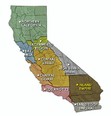 Map of California with each region in different color-Northern green-Bay Area blue-Sacramento Region green-Central Valley gold-CentralCoast brown-High Sierra Desert gray-Inland Empirt brown-San Diego Imperial gray