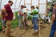 10 people most wearing blue jeans and t-shirts working in  hoop house 