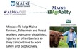 Slide with 3 logos at top for University of Maine - Alpha One - & Maine AgrAbility. Maine AgrAbility mission printed on left with photo on right of woman looking at brown cow