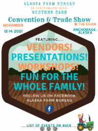 Poster in brown blue green & orange advertising AK Farm Bureau Convention & Trade Show