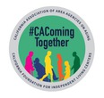 Gray circle with inner green circle & various colored silhouettes of people inside. Outer circle reads CA Assoc of Are Agencies on Aging & CA Foundation for Independent Living Centers. Inner - #CAComing Together