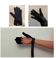 2 small pics each of a black glove over larger pic of white hand in black glove that only covers thumb - finger tips & wrist