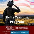 Military person in combat uniform saluting with a field in the background &USA flag superimposed on the sky. Words in white read SKILLS TRAINING PROGRAM with TX A&M AgriLife Extension & Battleground to Breaking Ground at the bottom