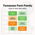 Slide with TENNESSEE FARM FAMILY HEALTH AND WELLNESS at top then 8 rectangles in greens & oranges with names of health issues.