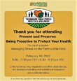 Yellow and gold poster with TN Farm & Family Health & Wellness logo at top and reading THANK YOU FOR ATTENDING PREVENT & PRESERVE - BEING PROACTIVE TO PROTECT YOUR HEALTH with notice of next session