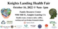 Knights Landing Health Fair flyer showing date & time of event with picture of hands holding a heart on left and profile of a person showing a flower bed in shape of brain inside the profile