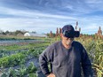 Man - Mr Slade - in dark sweatshirt & baseball cap standing in vegetable crop rows looking through large special goggles