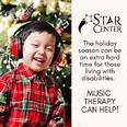 Slide advertising Star Center Music Therapy with printing on right & picture of smiling Asian child with headphones on the left