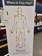 Poster titled WHERE IS YOUR PAIN - showing the outline of a person on it and different colored pieces of tape.