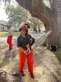 Young woman wearing safety helmet & ear protectors holding Stihl chainsaw under large tree