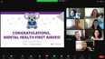 Zoom screen-shot showing slide reading CONGRATULATIONS MENTAL HEALTH FIRST AIDERS  with 7 screens of people on the right