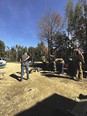 A group of loggers bending forward in an exercise as someone instructs them.