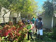 A group of people with disabilities looking at plants in a garden next to some buildings