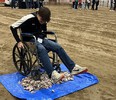 A young man in a standard wheelchair trying to roll it over a small pile of rocks