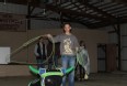 A young woman practicing roping on a plastic cow.