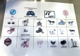 A white communication board with symbols on it depicting words such as YES-SOFT-GOAT-STOP-TURKEY etc.