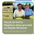 Slide with 2 pics on it of a tractor bailing hay and a couple sitting at a table outdoors with printing that says FIELDS OF FAITH - NEIGHBORS SHOW UP TO BAIL OUT MARBLE HILL FARMER