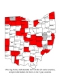 Map of OH counties showing the 28 counties in red and 3 counties in gray where OH AgrAbility attended shows or provided medals