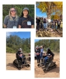 A collage of 4 pics showing 2 young women posing for the pic - standing with a group - and trying out TrackChairs.