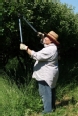 A person in a straw hat using an ergonomic pruner to prune some trees.